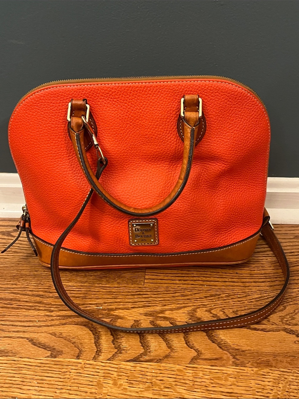 Dooney & Bourke Pebble Leather Zip Top Satchel Orange with Shoulder strap COA